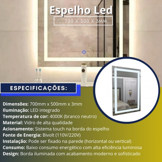 Espelho Led 700 X 500 X 3MM Borda Touch 4000K