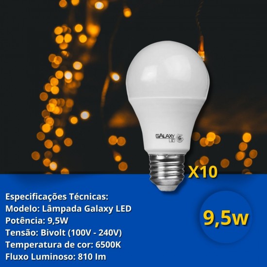 Kit 10  Lampadas LED E27 9,5W Bivolt 6500K Dimerizavel