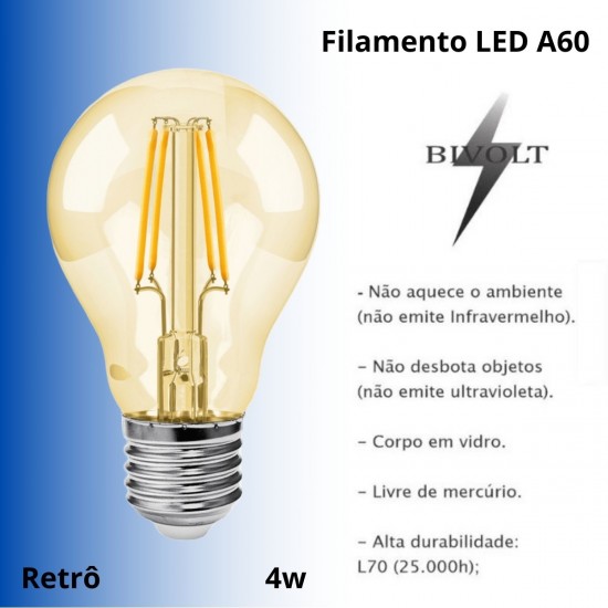 Kit 10 Lampadas LED Filamento A60 Decorativa 4W Bivolt 2200K