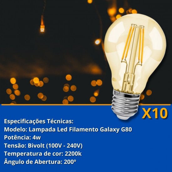 Kit 10 Lampadas LED Filamento A60 Decorativa 4W Bivolt 2200K