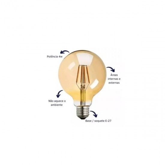 Kit 10 Lampadas LED Filamento G80 Decorativa 4W Bivolt 2200K