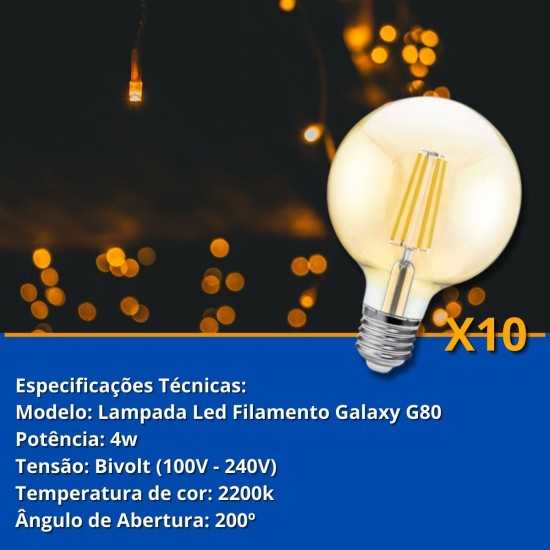 Kit 10 Lampadas LED Filamento G80 Decorativa 4W Bivolt 2200K