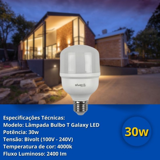 Lampada LED Bulbo T Galaxy E27 30W Bivolt Branco Neutro