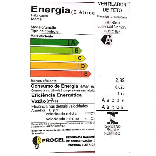 Ventilador Teto Led 3 Pas Ventidelta Lunik 127V