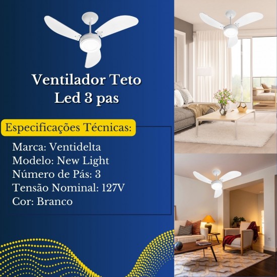 Ventilador Teto Led 3 Pas Ventidelta New Ligth 127V Branco